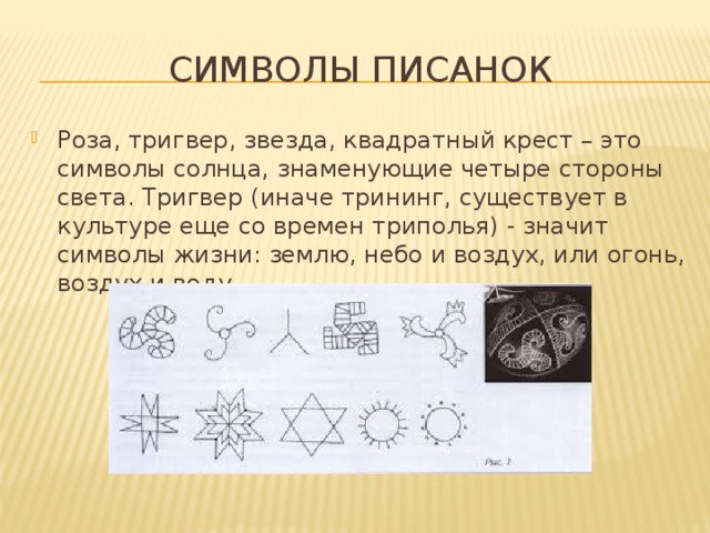 Символы писанок Роза, тригвер, звезда, квадратный крест – это символы солнца, знаменующие четыре стороны света. Тригвер (иначе трининг, существует в культуре еще со времен триполья) - значит символы жизни: землю, небо и воздух, или огонь, воздух и воду. 