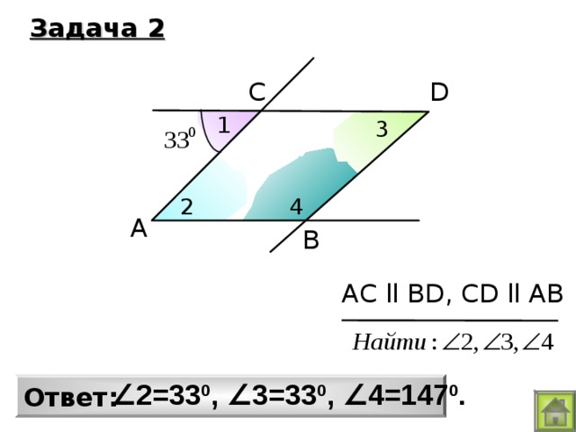 Задача 2 D C 1 3 2 4 A B AC ll ВD, СD ll AВ ∠ 2=33 0 , ∠ 3=33 0 , ∠ 4=147 0 . Ответ: 
