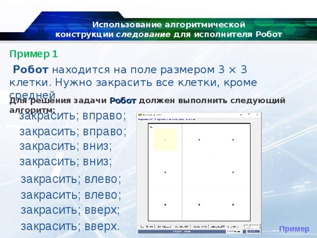 Использование алгоритмической конструкции  следование  для исполнителя Робот   Пример 1     Робот  находится на поле размером 3 × 3 клетки. Нужно закрасить все клетки, кроме средней Для решения задачи  Робот  должен выполнить следующий алгоритм: закрасить; вправо; закрасить; вправо; закрасить; вниз; закрасить; вниз; закрасить; влево; закрасить; влево; закрасить; вверх; закрасить; вверх. Пример 