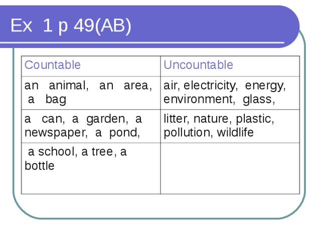 Ex 1 p 49(AB) Countable Uncountable an animal, an area, a bag air, electricity, energy, environment, glass, a can, a garden, a newspaper, a pond, litter, nature, plastic, pollution, wildlife  a school, a tree , а bottle