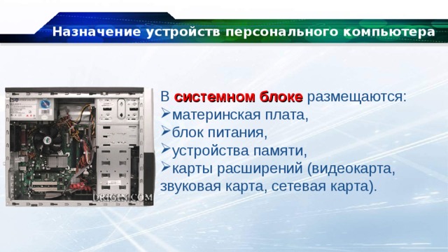 Назначение устройств персонального компьютера В   системном блоке  размещаются: материнская плата, блок питания, устройства памяти, карты расширений (видеокарта, звуковая карта, сетевая карта). 