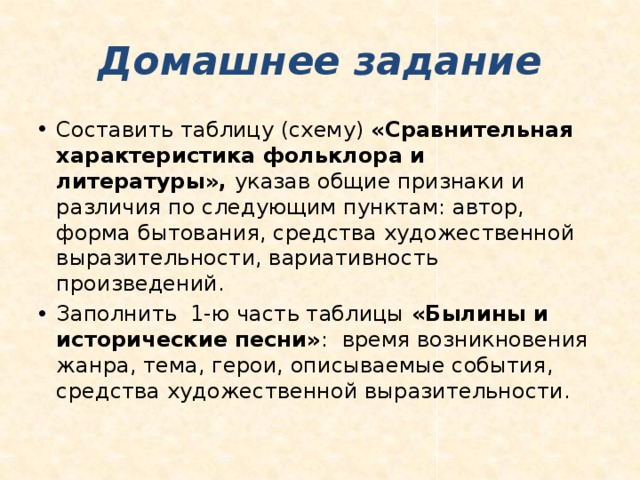 Домашнее задание Составить таблицу (схему) «Сравнительная характеристика фольклора и литературы», указав общие признаки и различия по следующим пунктам: автор, форма бытования, средства художественной выразительности, вариативность произведений. Заполнить 1-ю часть таблицы «Былины и исторические песни» : время возникновения жанра, тема, герои, описываемые события, средства художественной выразительности. 