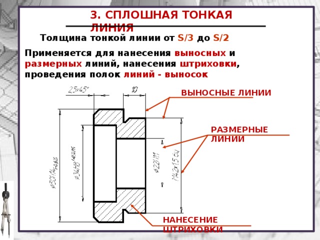 Сплошная тонкая линия применяемая в качестве размерной обозначена на чертеже цифрой