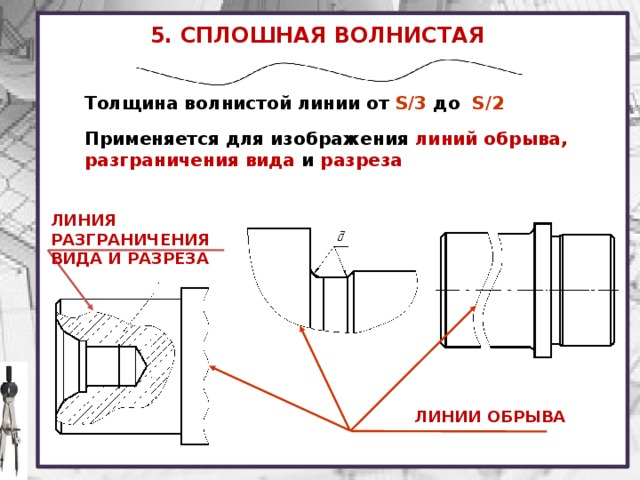 Эта линия применяется для изображения линий обрыва линии разграничения вида и разреза