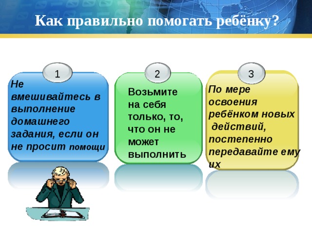 Как правильно помогать ребёнку? 1 2 3 Не вмешивайтесь в выполнение домашнего задания, если он не просит помощи По мере освоения ребёнком новых  действий, постепенно передавайте ему их Возьмите на себя только, то, что он не может выполнить 