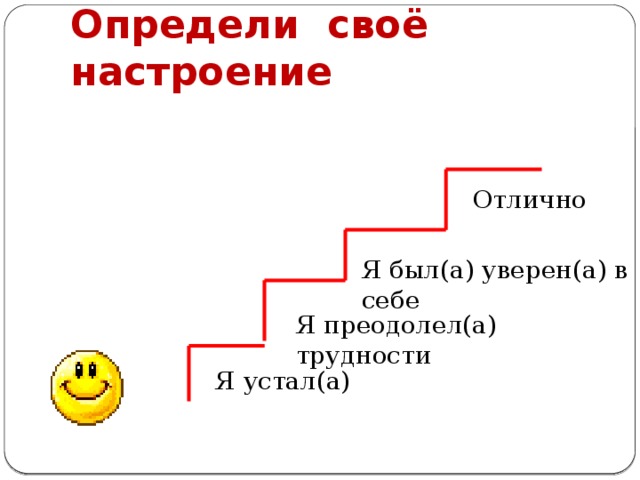 Определи своё настроение Отлично Я был(а) уверен(а) в себе Я преодолел(а) трудности Я устал(а) 