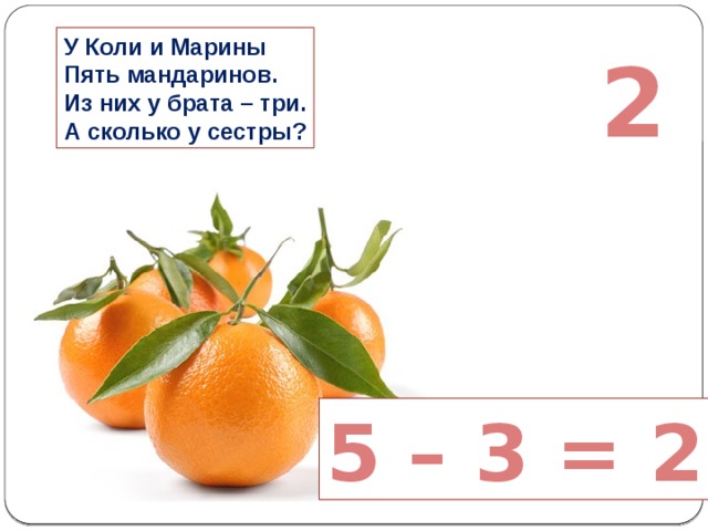 У Коли и Марины Пять мандаринов. Из них у брата – три. А сколько у сестры? 2 5 – 3 = 2 