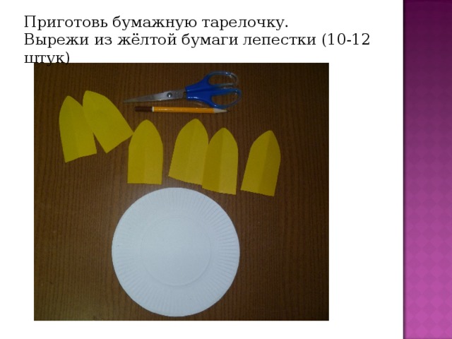 Приготовь бумажную тарелочку. Вырежи из жёлтой бумаги лепестки (10-12 штук) 