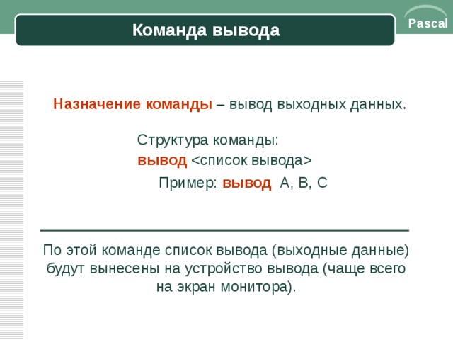 Назначение заключения. Назначение команды вывод. Назначение команды ввод. Команда ввода в Паскале.