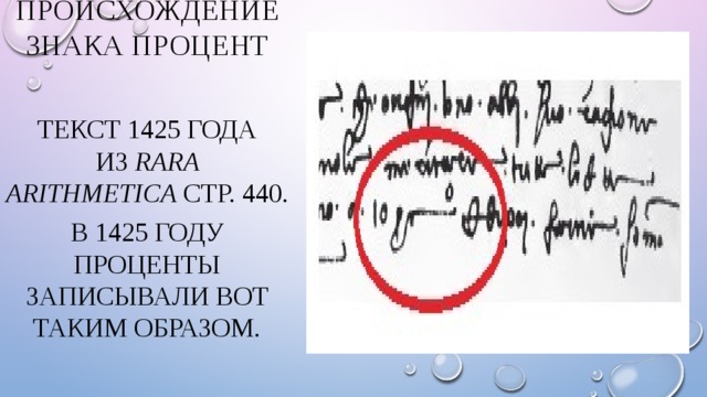 Происхождение знака процент Текст 1425 года из  Rara Arithmetica  стр. 440. В 1425 году проценты записывали вот таким образом. 