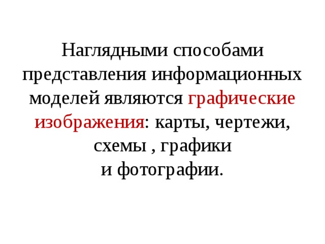 Наглядными способами представления информационных моделей являются графические изображения : карты, чертежи, схемы , графики  и фотографии. 