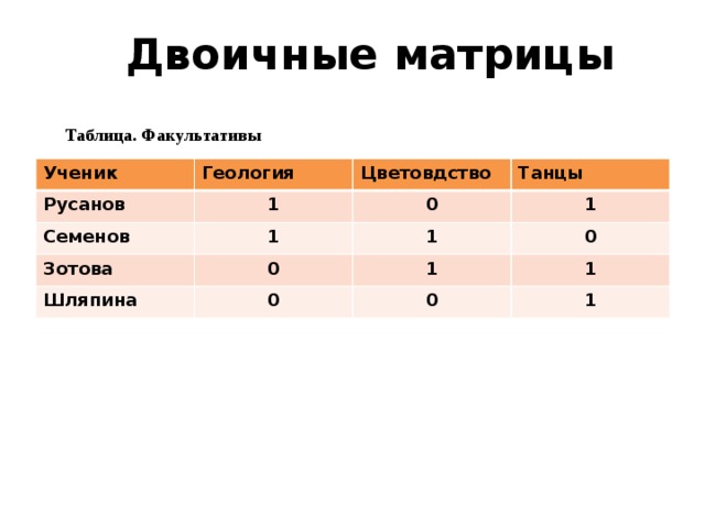 Аду бай факультативы. Таблица факультативы. Матрица таблица. Двоичная матрица. Табличная модель двоичная матрица.