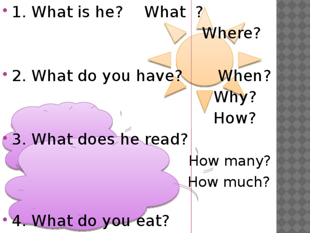 1. What is he?    What  ?   Where? 2. What do you have? When?  Why?  How? 3. What does he read?  How many?  How much?  4. What do you eat? 