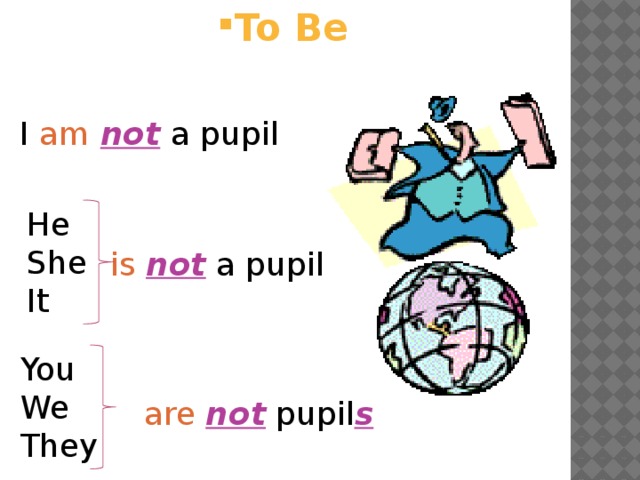 To Be To Be To Be To Be To Be To Be To Be To Be To Be I am  not a pupil He She It is  not a pupil You We They are  not pupil s 