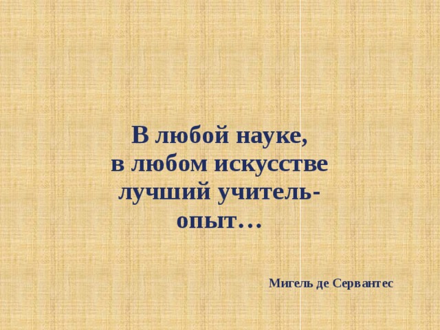   В любой науке, в любом искусстве лучший учитель- опыт…   Мигель де Сервантес 