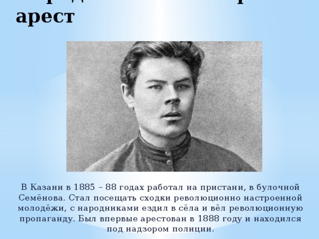 Народничество и первый арест В Казани в 1885 – 88 годах работал на пристани, в булочной Семёнова. Стал посещать сходки революционно настроенной молодёжи, с народниками ездил в сёла и вёл революционную пропаганду. Был впервые арестован в 1888 году и находился под надзором полиции. 