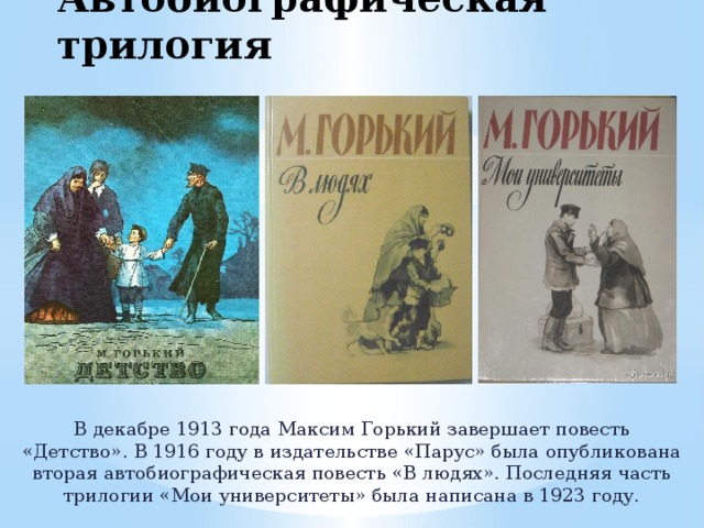 Автобиографическая трилогия В декабре 1913 года Максим Горький завершает повесть «Детство». В 1916 году в издательстве «Парус» была опубликована вторая автобиографическая повесть «В людях». Последняя часть трилогии «Мои университеты» была написана в 1923 году. 