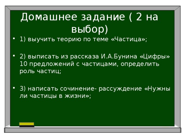 Домашнее задание ( 2 на выбор) 1) выучить теорию по теме «Частица»; 2) выписать из рассказа И.А.Бунина «Цифры» 10 предложений с частицами, определить роль частиц; 3) написать сочинение- рассуждение «Нужны ли частицы в жизни»; 