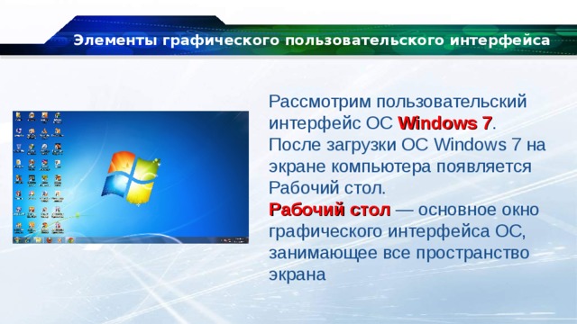 Перечислите элементы графического интерфейса рабочего стола windows. Элементы экранного интерфейса Windows. Основные элементы графического интерфейса Windows. Стандартные элементы пользовательского интерфейса ОС Windows. Интерфейс операционной системы Windows презентация.