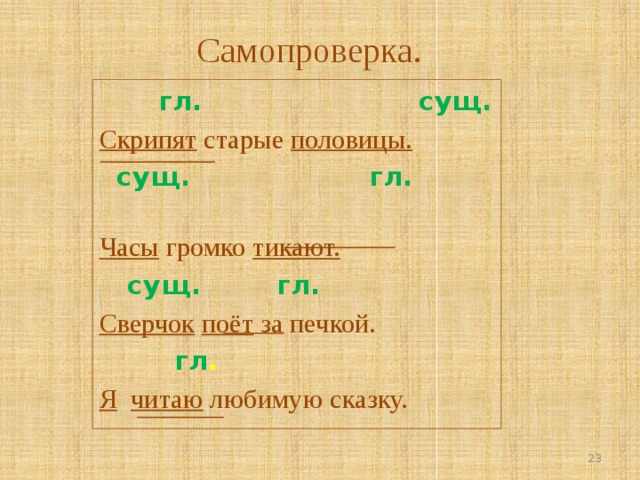 Самопроверка.  гл.  сущ. Скрипят старые половицы.   сущ.  гл.  Часы громко тикают.  сущ.  гл.  Сверчок  поёт за печкой.  гл .  Я  читаю любимую сказку. 23 