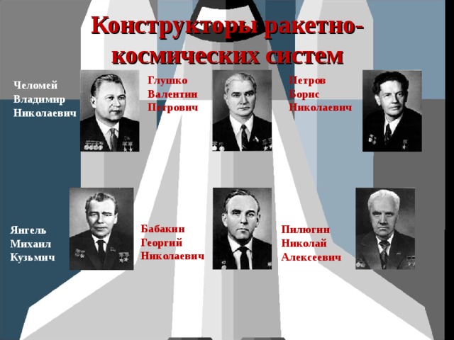 Глушко  Валентин  Петрович Бабакин  Георгий  Николаевич Конструкторы ракетно-космических систем   Петров  Борис  Николаевич Челомей  Владимир  Николаевич Пилюгин  Николай  Алексеевич Янгель  Михаил  Кузьмич 