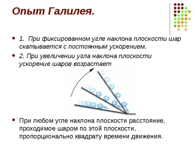 Опыт Галилея. 1. При фиксированном угле наклона плоскости шар скатывается с постоянным ускорением. 2. При увеличении угла наклона плоскости ускорение шаров возрастает      При любом угле наклона плоскости расстояние, проходимое шаром по этой плоскости, пропорционально квадрату времени движения.   