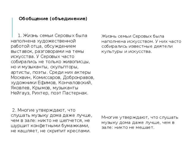 Обобщение (объединение)  1. Жизнь семьи Серовых была наполнена художественной работой отца, обсуждением выставок, разговорами на темы искусства. У Серовых часто собирались не только живописцы, но и музыканты, скульпторы, артисты, поэты. Среди них актеры Москвин, Комиссаров, Добронравов, художники Ефимов, Кончаловский, Яковлев, Крымов, музыканты Нейгауз, Рихтер, поэт Пастернак.  2. Многие утверждают, что слушать музыку дома даже лучше, чем в зале: никто не шепчется, не шуршит конфетными бумажками, не кашляет, не скрипит креслами. Жизнь семьи Серовых была наполнена искусством. У них часто собирались известные деятели культуры и искусства. Многие утверждают, что слушать музыку дома даже лучше, чем в зале: никто не мешает. 