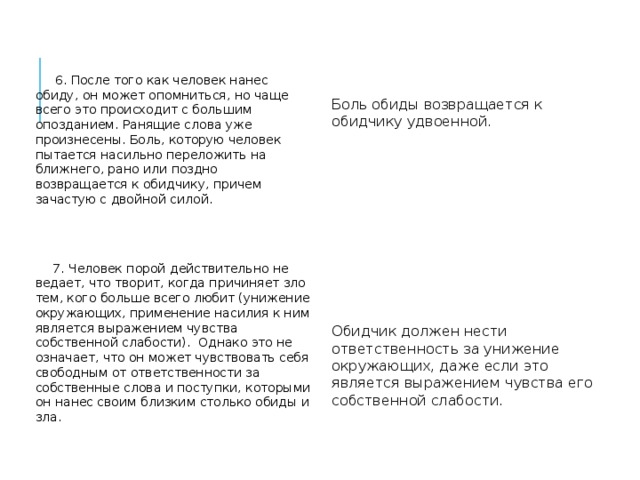  6. После того как человек нанес обиду, он может опомниться, но чаще всего это происходит с большим опозданием. Ранящие слова уже произнесены. Боль, которую человек пытается насильно переложить на ближнего, рано или поздно возвращается к обидчику, причем зачастую с двойной силой.  7. Человек порой действительно не ведает, что творит, когда причиняет зло тем, кого больше всего любит (унижение окружающих, применение насилия к ним является выражением чувства собственной слабости). Однако это не означает, что он может чувствовать себя свободным от ответственности за собственные слова и поступки, которыми он нанес своим близким столько обиды и зла. Боль обиды возвращается к обидчику удвоенной. Обидчик должен нести ответственность за унижение окружающих, даже если это является выражением чувства его собственной слабости. 