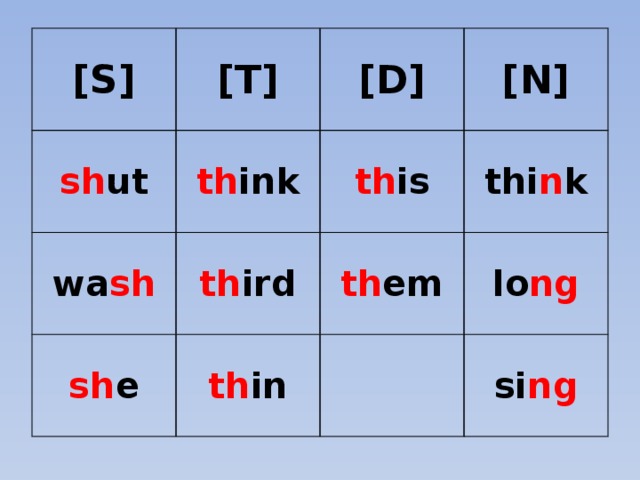 [S] [T] sh ut [D] th ink wa sh [N] th is th ird sh e thi n k th em th in lo ng si ng 