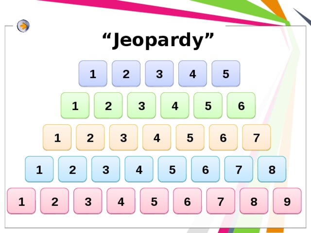 “ Jeopardy” 1 4 3 2 5 6 5 4 3 2 1 1 2 7 5 6 3 4 2 7 6 5 4 3 8 1 5 2 3 1 4 8 9 7 6 
