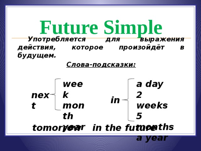 Future Simple  Употребляется для выражения действия, которое произойдёт в будущем. Слова-подсказки: week a day month 2 weeks year 5 months a year next in tomorrow   in the future 