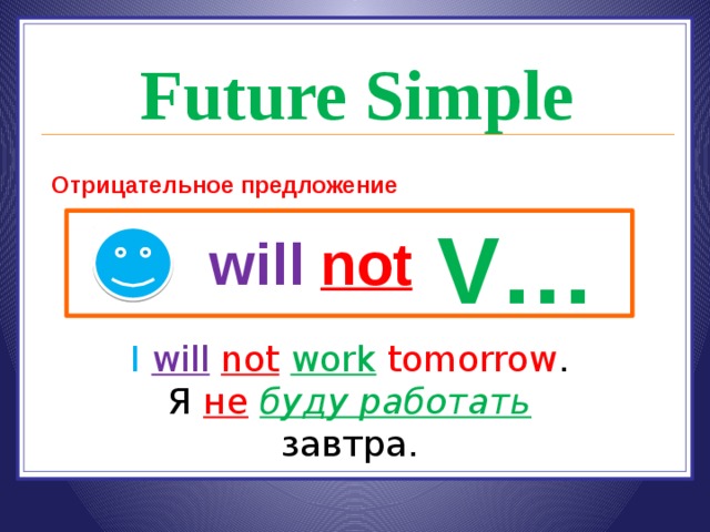 Future Simple Отрицательное предложение V… will not I  will  not  work  tomorrow . Я не  буду работать завтра. 