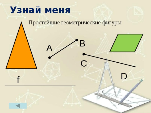 Узнай меня  Простейшие геометрические фигуры В А С D f 