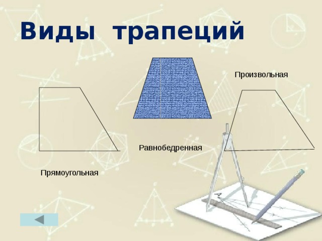 Виды трапеций Произвольная Равнобедренная Прямоугольная 