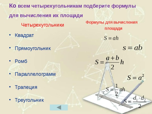 Ко всем четырехугольникам подберите формулы для вычисления их площади  Формулы для вычисления площади  Четырехугольники  Квадрат Прямоугольник Ромб Параллелограмм Трапеция Треугольник 