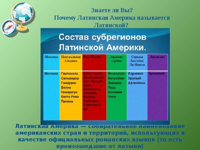 Знаете ли Вы? Почему Латинская Америка называется Латинской?   Латинская Америка — собирательное наименование американских стран и территорий, использующих в качестве официальных романских языков (то есть произошедшие от латыни) 