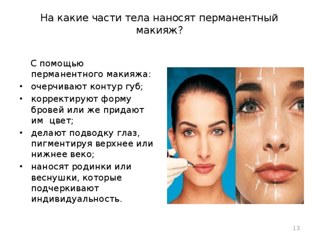 На какие части тела наносят перманентный макияж?    С помощью перманентного макияжа: очерчивают контур губ; корректируют форму бровей или же придают им цвет; делают подводку глаз, пигментируя верхнее или нижнее веко; наносят родинки или веснушки, которые подчеркивают индивидуальность.  