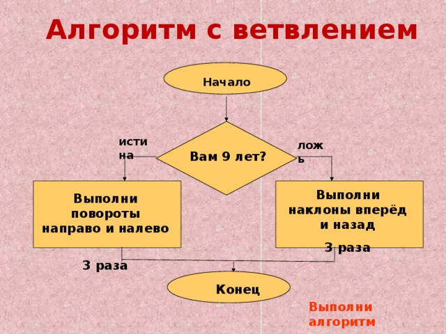 Алгоритм с ветвлением Начало истина ложь Вам 9 лет? Выполни наклоны вперёд и назад 3 раза Выполни повороты направо и налево 3 раза  Конец Выполни алгоритм