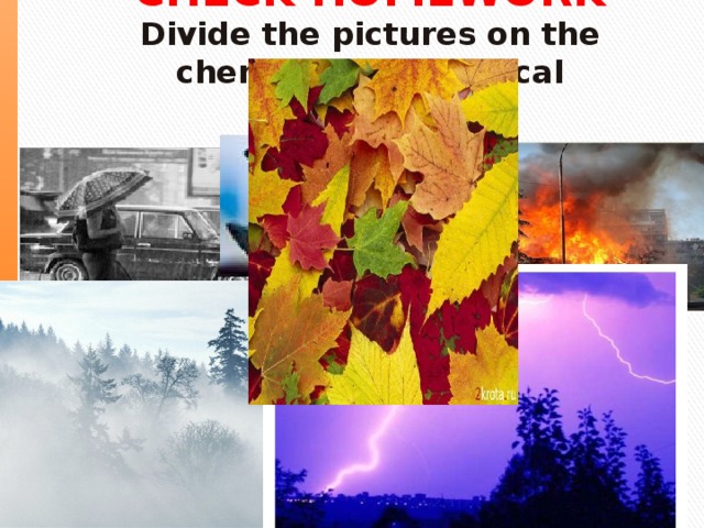 CHECK HOMEWORK  Divide the pictures on the chemical and physical phenomena 