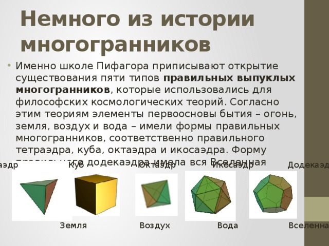 Немного из истории многогранников Именно школе Пифагора приписывают открытие существования пяти типов правильных выпуклых многогранников , которые использовались для философских космологических теорий. Согласно этим теориям элементы первоосновы бытия – огонь, земля, воздух и вода – имели формы правильных многогранников, соответственно правильного тетраэдра, куба, октаэдра и икосаэдра. Форму правильного додекаэдра имела вся Вселенная Тетраэдр Куб Октаэдр Икосаэдр Додекаэдр Огонь Земля Воздух Вода Вселенная 