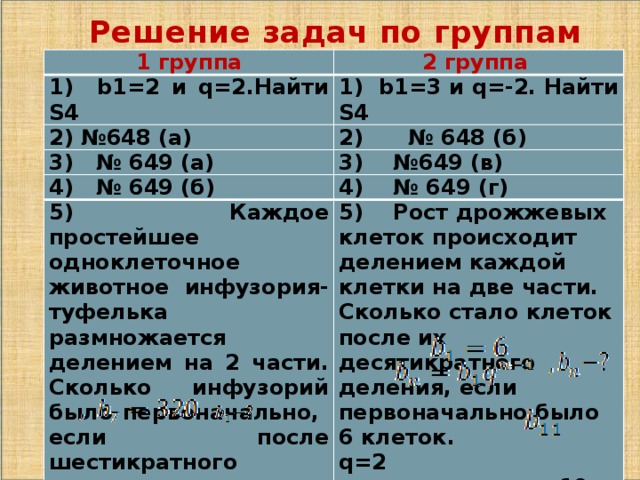 Формула суммы первых n членов геометрической прогрессии   (I) (II)