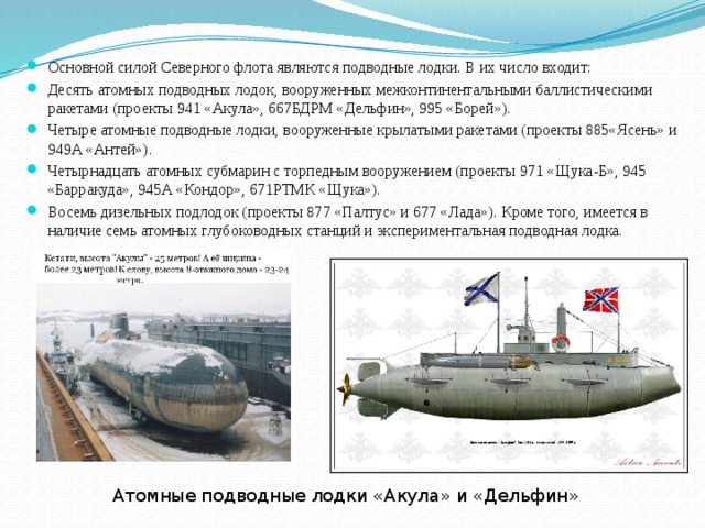 Основной силой Северного флота являются подводные лодки. В их число входит: Десять атомных подводных лодок, вооруженных межконтинентальными баллистическими ракетами (проекты 941 «Акула», 667БДРМ «Дельфин», 995 «Борей»). Четыре атомные подводные лодки, вооруженные крылатыми ракетами (проекты 885«Ясень» и 949А «Антей»). Четырнадцать атомных субмарин с торпедным вооружением (проекты 971 «Щука-Б», 945 «Барракуда», 945А «Кондор», 671РТМК «Щука»). Восемь дизельных подлодок (проекты 877 «Палтус» и 677 «Лада»). Кроме того, имеется в наличие семь атомных глубоководных станций и экспериментальная подводная лодка. Атомные подводные лодки «Акула» и «Дельфин»  