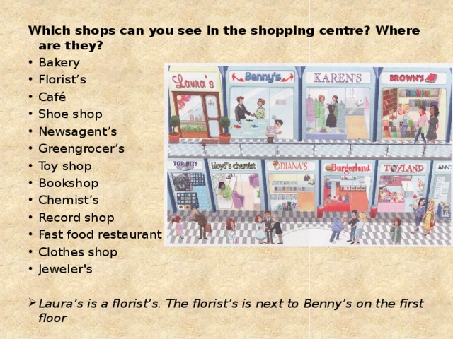 Which shops can you see in the shopping centre? Where are they?