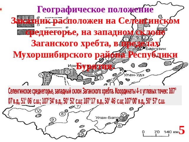  Географическое положение Заказник расположен на Селенгинском среднегорье, на западном склоне Заганского хребта, в пределах Мухоршибирского района Республики Бурятия. 5 