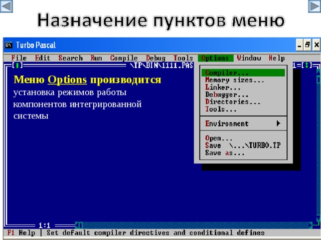 Меню Options производится установка режимов работы компонентов интегрированной системы 