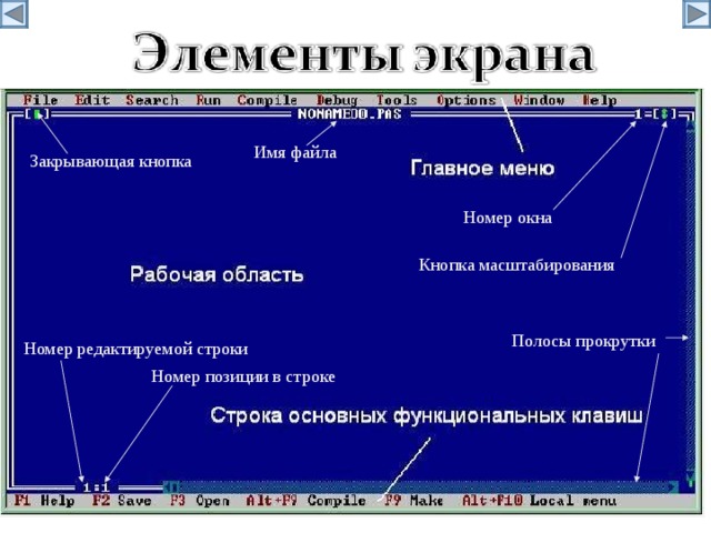 Имя файла Закрывающая кнопка Номер окна Кнопка масштабирования Полосы прокрутки Номер редактируемой строки Номер позиции в строке 