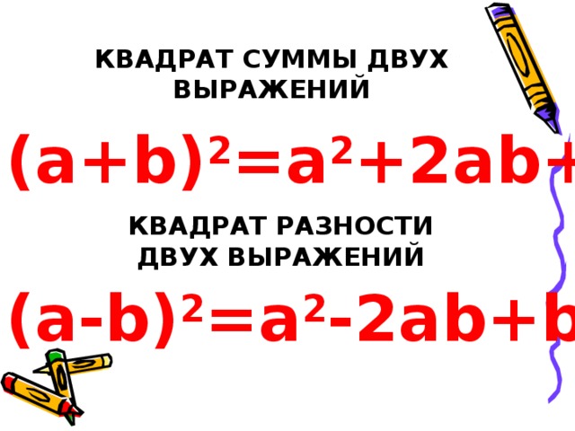КВАДРАТ СУММЫ ДВУХ ВЫРАЖЕНИЙ ( a + b) 2 =a 2 + 2ab+b 2 КВАДРАТ РАЗНОСТИ ДВУХ ВЫРАЖЕНИЙ ( a - b) 2 =a 2 - 2ab+b 2 