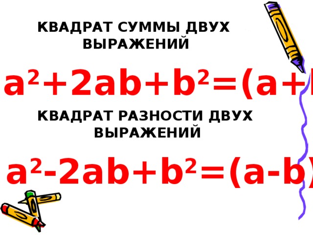 КВАДРАТ СУММЫ ДВУХ ВЫРАЖЕНИЙ a 2 + 2ab+b 2 =( a + b) 2 КВАДРАТ РАЗНОСТИ ДВУХ  ВЫРАЖЕНИЙ a 2 - 2ab+b 2 =( a - b) 2 