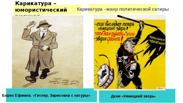 Карикатура –жанр политической сатиры Карикатура – юмористический рисунок Борис Ефимов. «Гитлер. Зарисовка с натуры»  Дени «Немецкий зверь » 