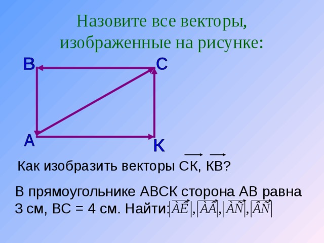 Назовите все векторы, изображенные на рисунке: В прямоугольнике АВСК сторона АВ равна 3 см, ВС = 4 см. Найти: 